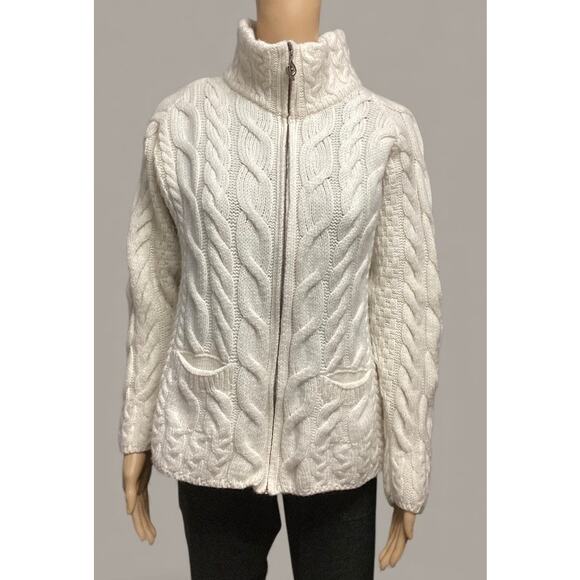 Aran Woollen Mills women’s Wool Cardigan Mock Turtleneck Full Zip size M cream - Picture 1 of 10